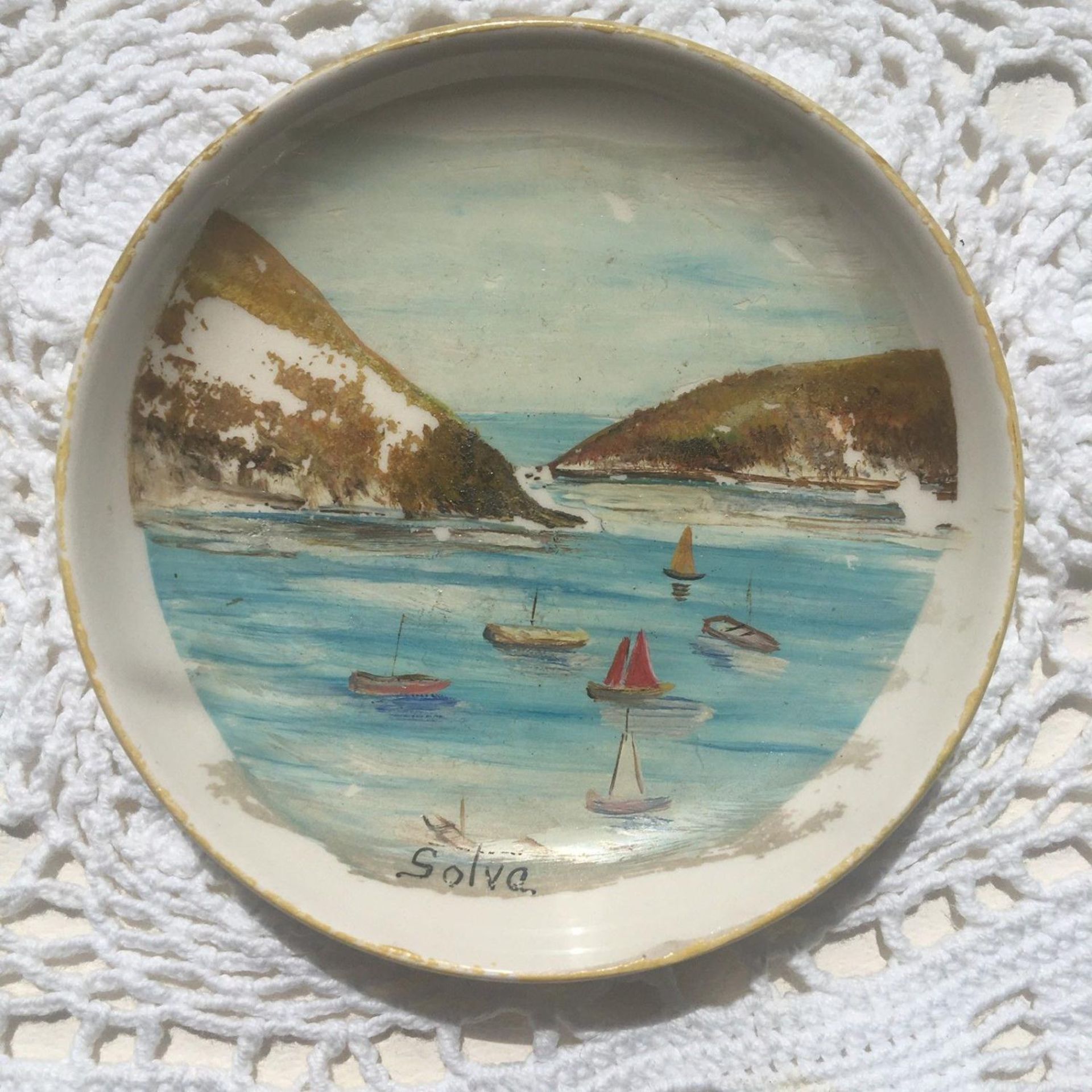 Unsigned painting of Solva Pembrokeshire Wales on a Johnson Brothers small plate