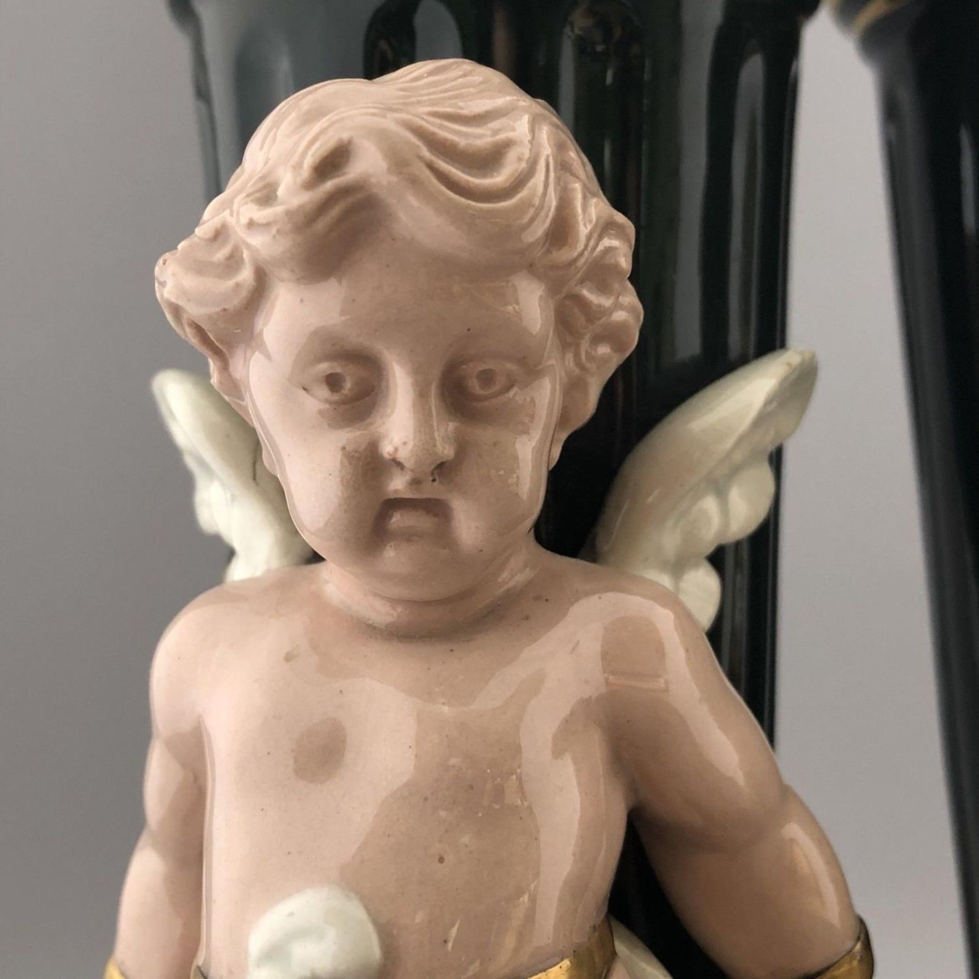 Antique Victorian Ceramic Pair of Green and Gilt Mantle Spill Vases with Cherubs - Image 7 of 8