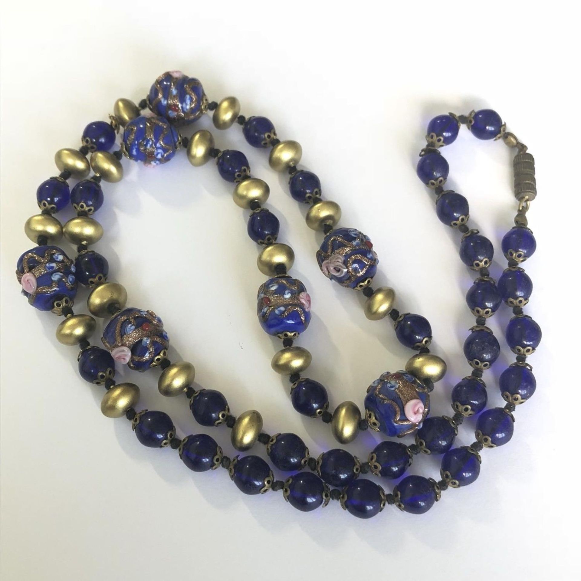 Vintage Original Venetian Blue Glass Necklace with Fiorato Wedding Cake Beads