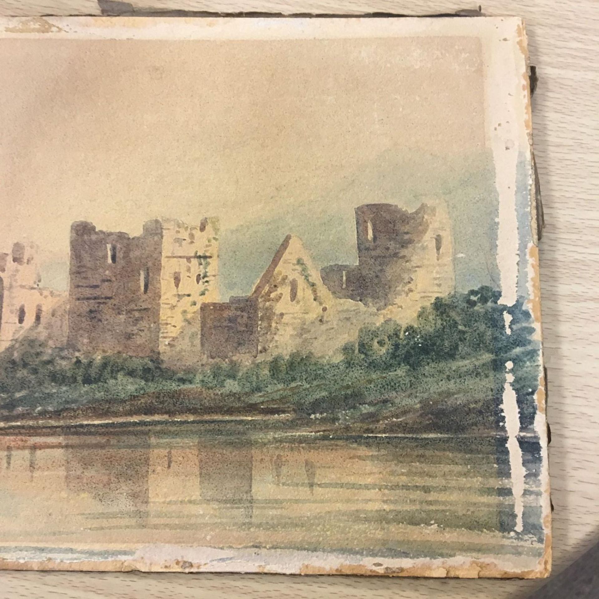 Antique painting unsigned unknown artist LONG Panorama castle coastal river lake - Image 2 of 4