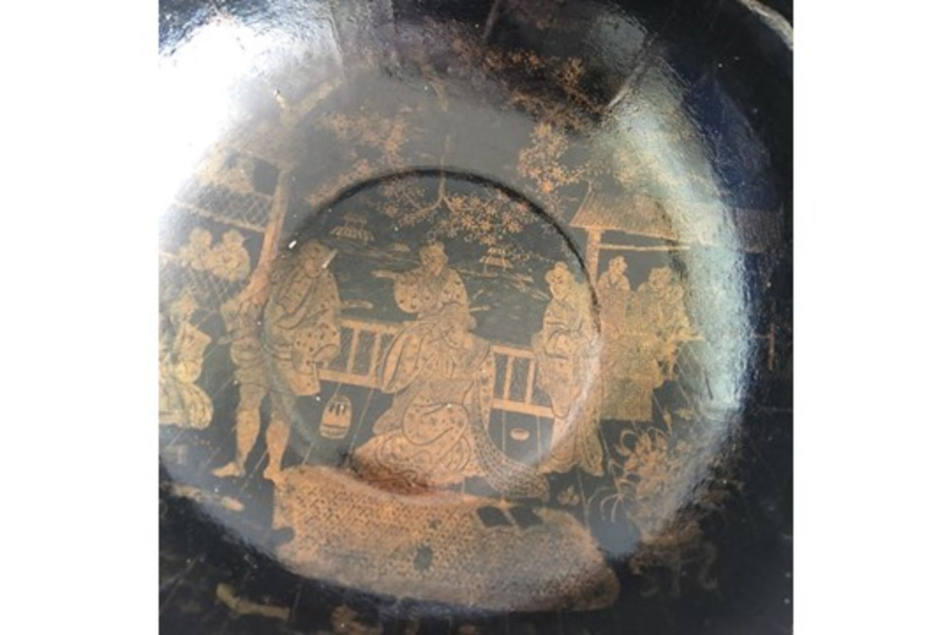 Group or Set of 3 antique black & gilt Japanese lacquered papier mache bowls. - Image 2 of 8