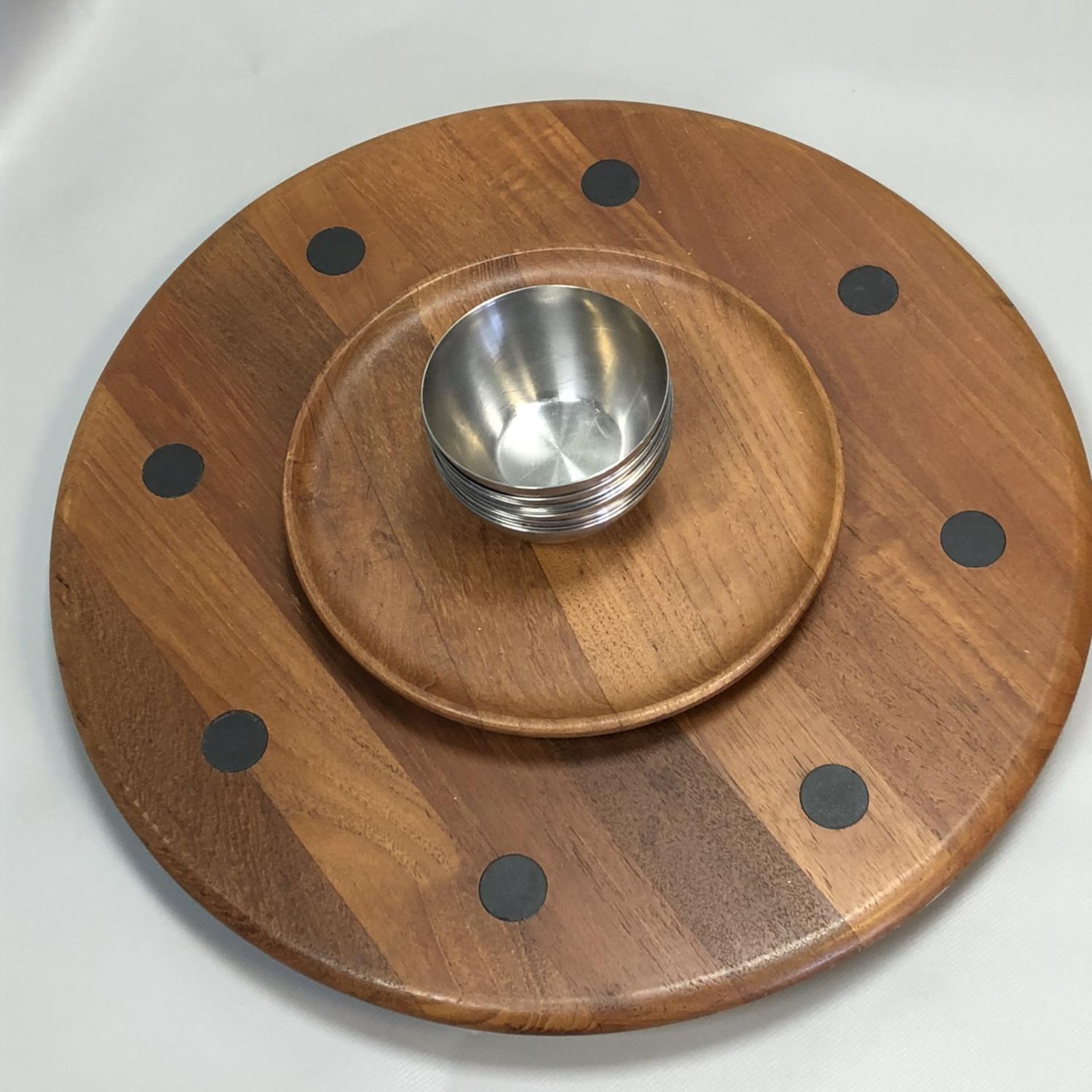Large Wooden Lazy Susan with stainless steel bowls - Digsmed - Denmark - Image 3 of 4