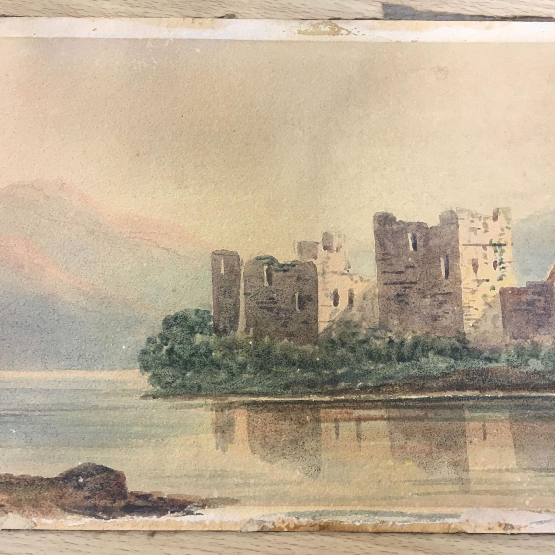 Antique painting unsigned unknown artist LONG Panorama castle coastal river lake - Image 3 of 4