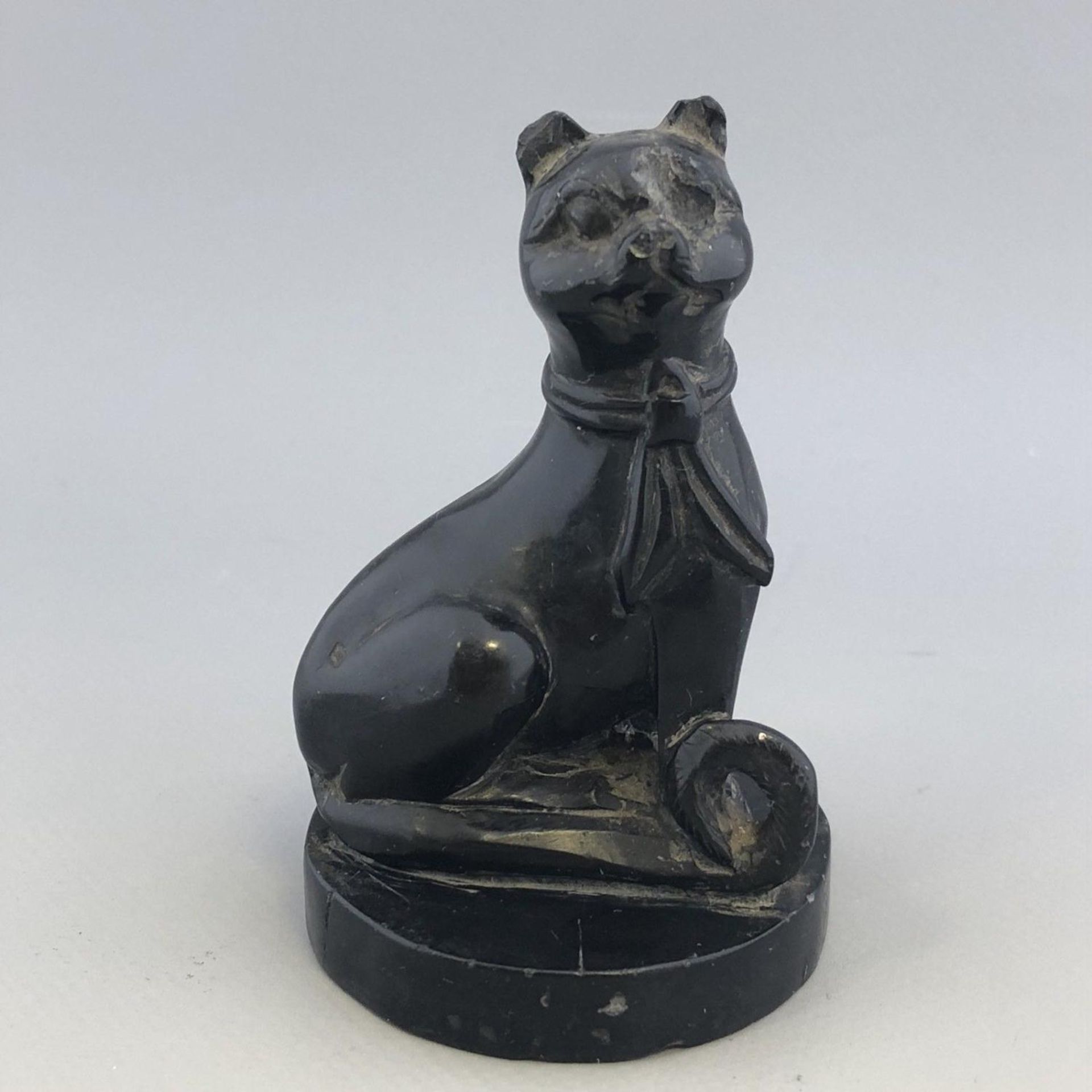 Interesting Antique carved hardstone stone figure of a lucky black cat - Japan?