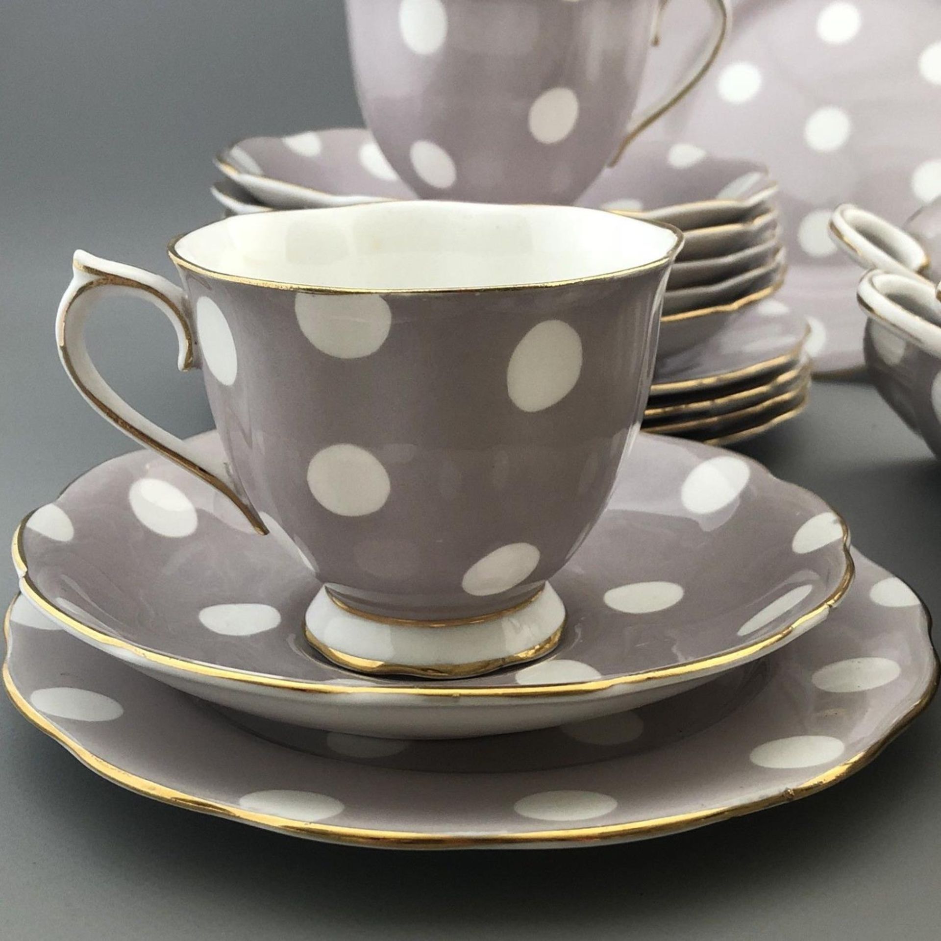 Vintage English Porcelain 18 Piece Tea Service Set ROYAL ALBERT Polka Dot 1950s - Image 2 of 10