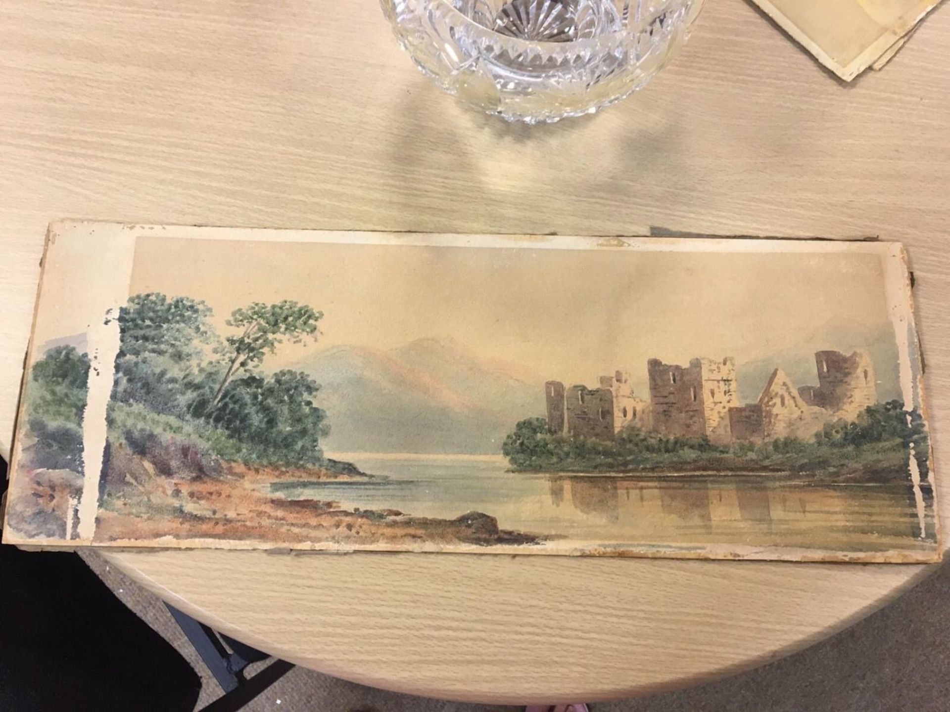 Antique painting unsigned unknown artist LONG Panorama castle coastal river lake