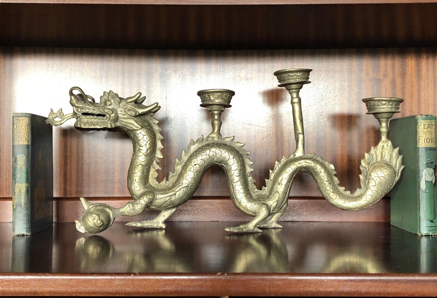 Large 60cm Antique Chinese Dragon Bronze Or Brass Candle Holder Stick Candelabra - Image 2 of 6