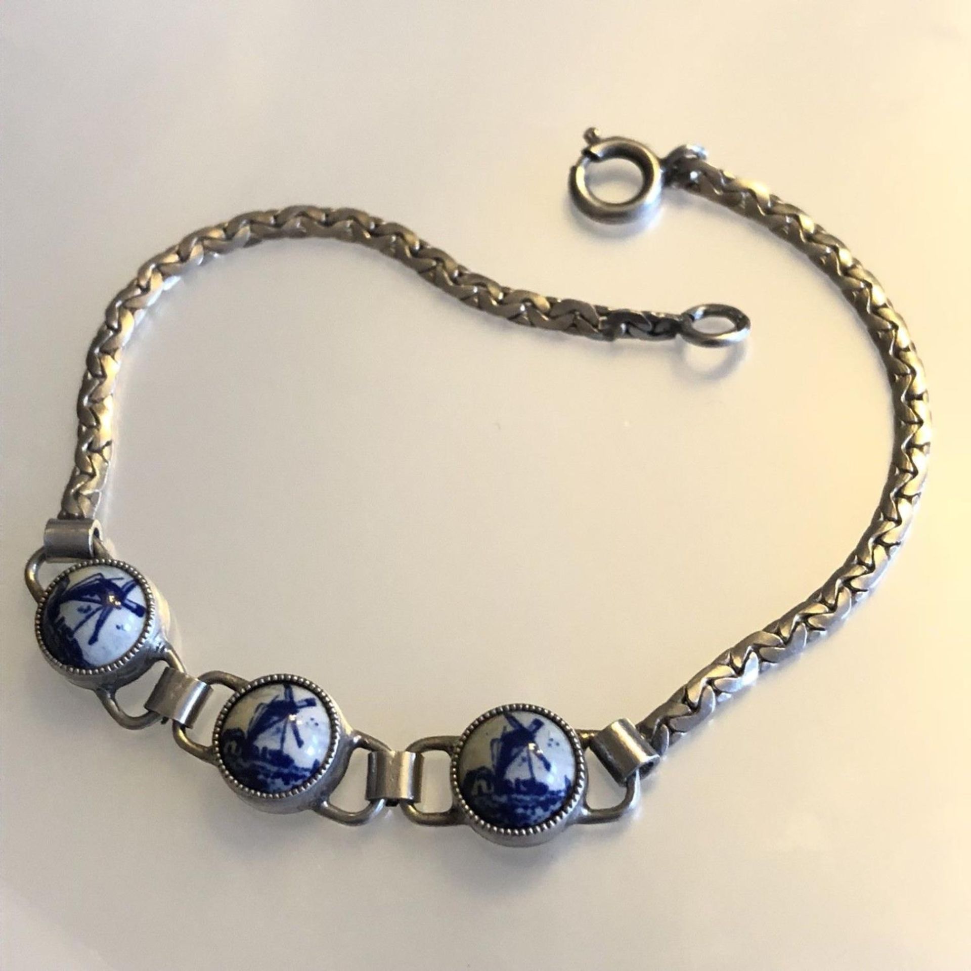 Antique Vintage Blue Delft Windmill Dutch Silver (835) Bracelet -