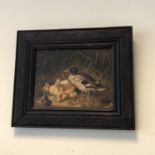 Antique 19th Century British Oil Painting in Carved Oak Frame - Family of Ducks