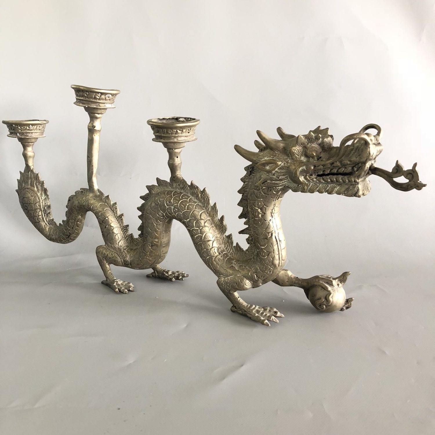 Large 60cm Antique Chinese Dragon Bronze Or Brass Candle Holder Stick Candelabra - Image 3 of 6