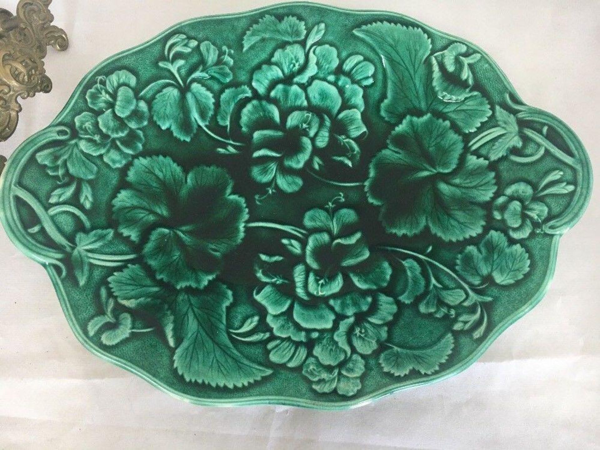 Antique Hope & Carter Green Geranium Leaf Majolica Handled Platter/Plate Dish