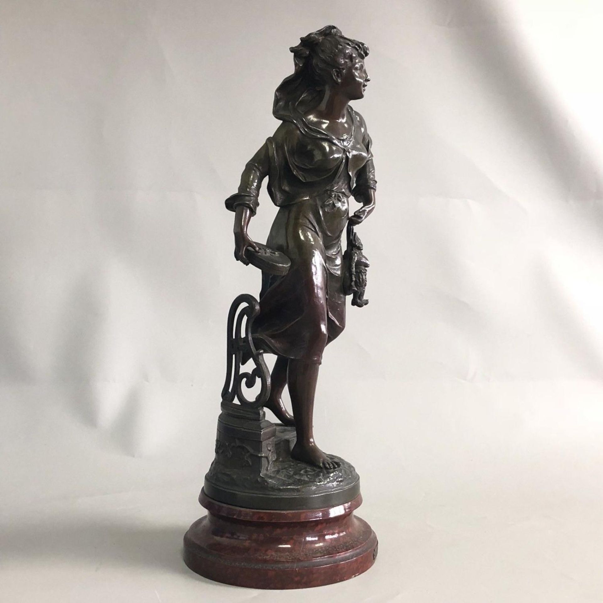 Antique French Bronzed Spelter sculpture figurine 'Noel' - After Emile Bruchon - Image 6 of 8