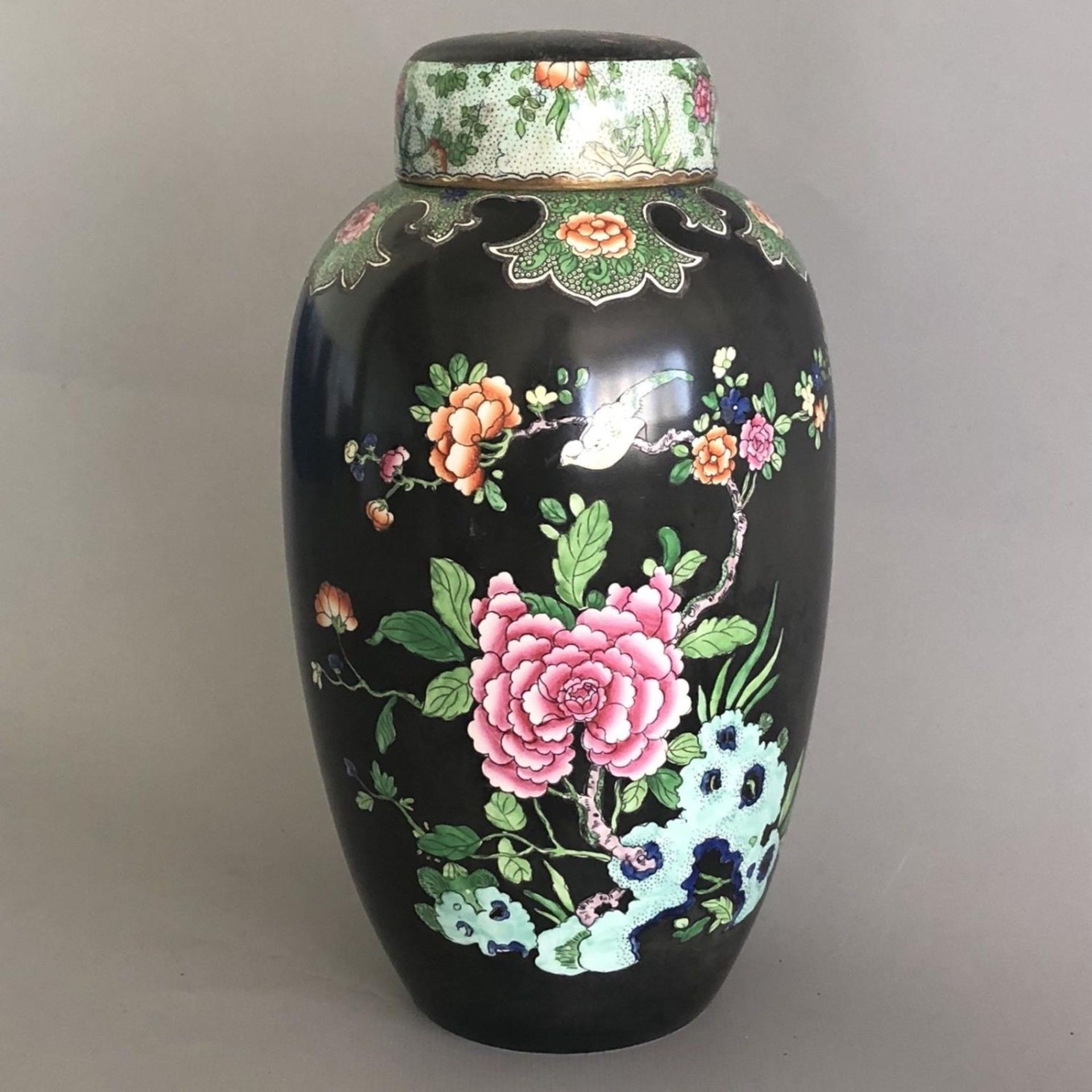 An antique Carlton Ware vase & cover KANG HSI blossom & bird on black ground