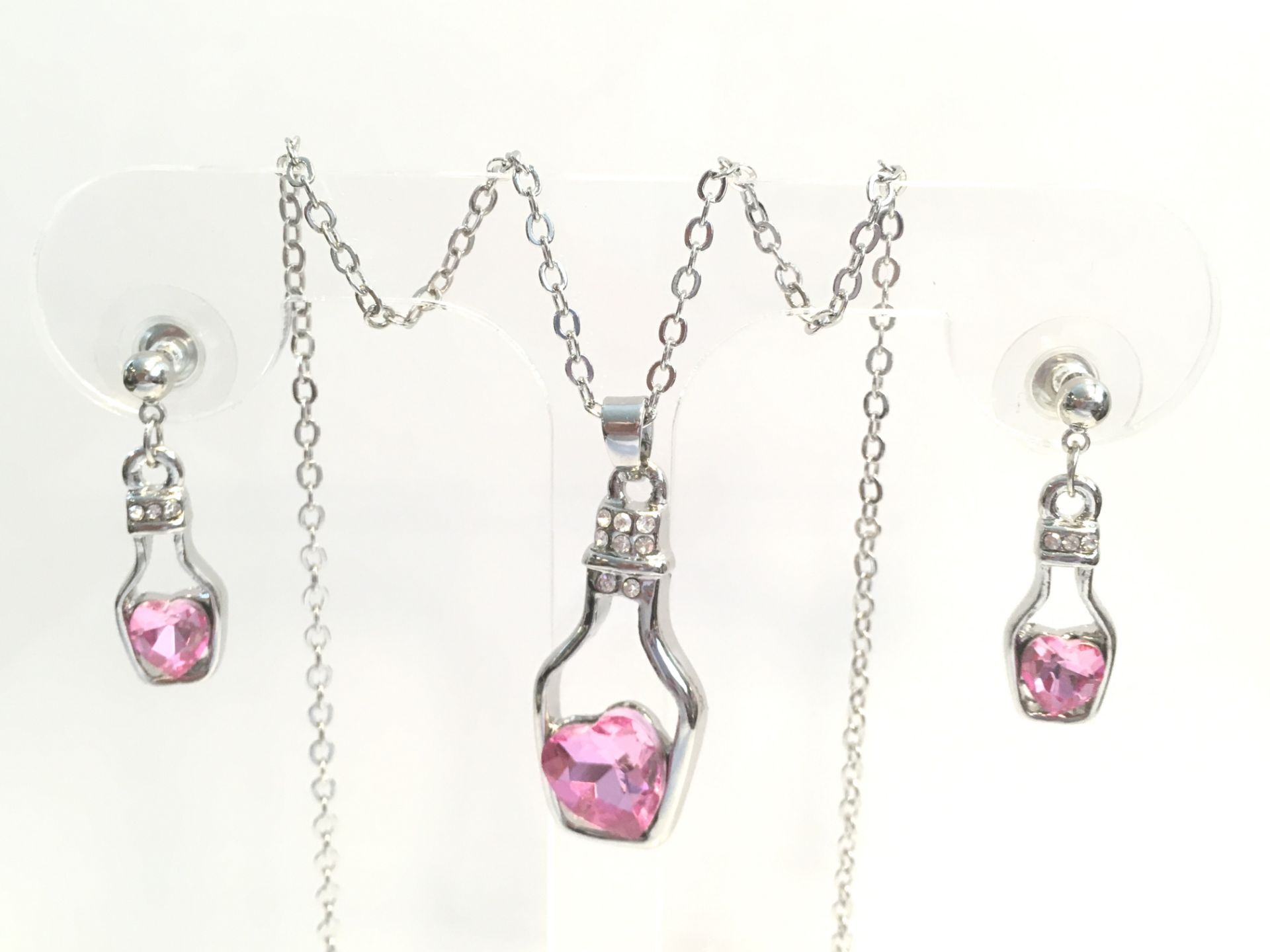 Pretty Silver Bottle Earring And Necklace Set Pink Swarovski Crystal