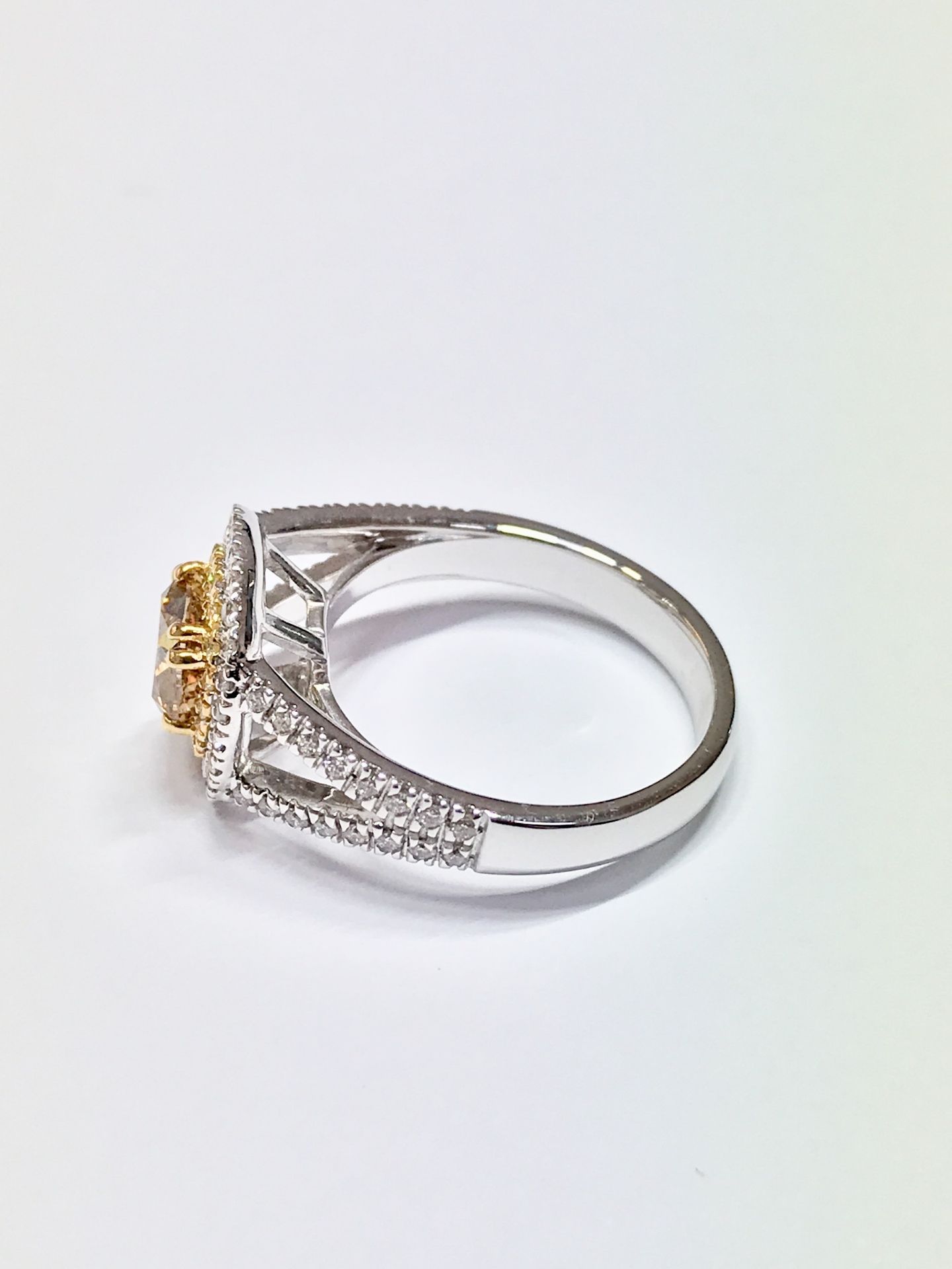 1.15ct diamond set solitaire ring with a yellow cushion cut yellow diamond and a halo setting and - Image 3 of 5