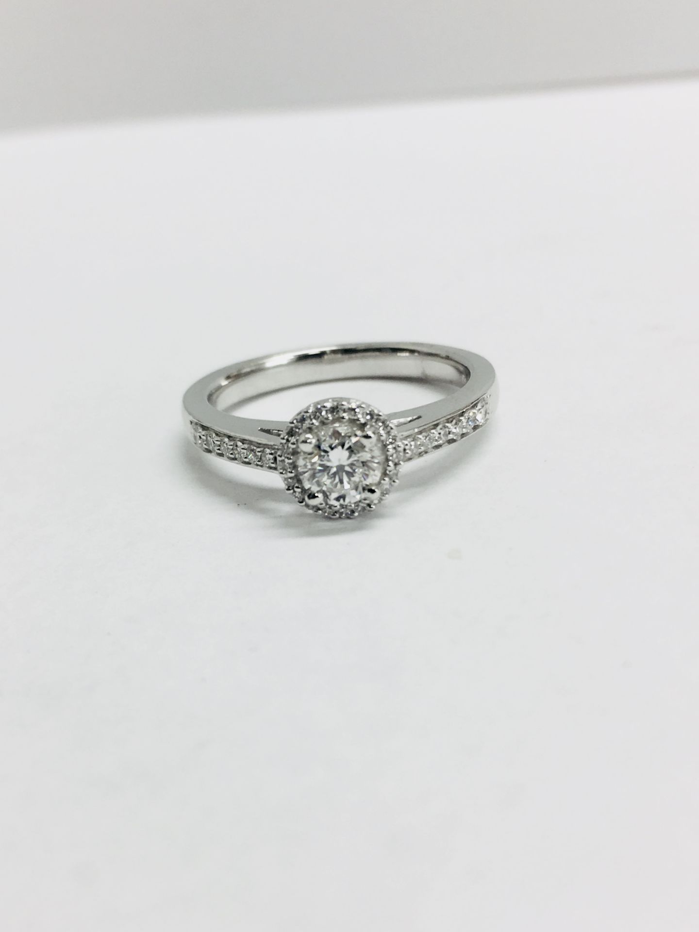 18ct white gold Halo style solitaire ring,0.50ct natural diamond D colour,vs clarity,0.28ct h Colour