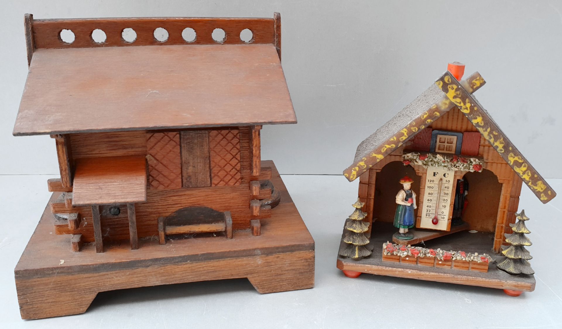 Antique Vintage Retro 2 x Wooden Swiss Chalet Models Money Box & Barometer