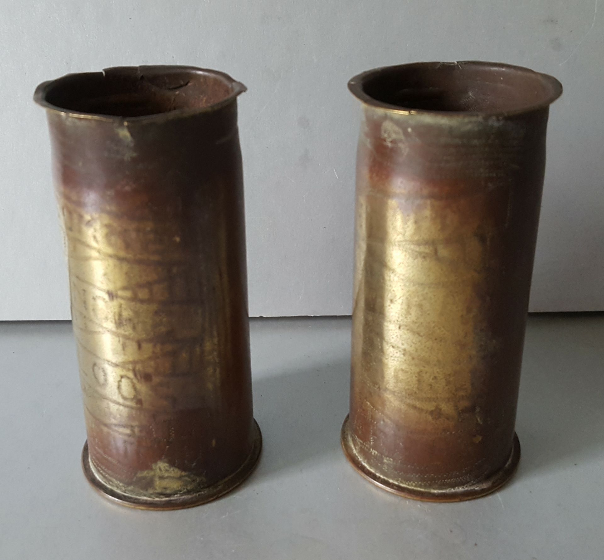 Trench Art Sell Casings German Karlsruhe 37mm Shells. Inscribed A W Potts & A H Potts. These laos