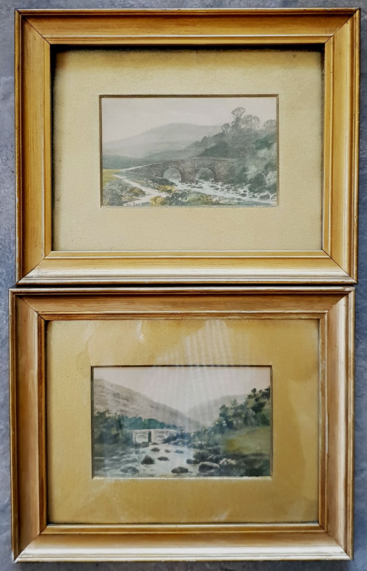 Antique Art 2 x Framed Watercolour Paintings The Dart At Two Bridges & Dartmoor Fingle Bridge