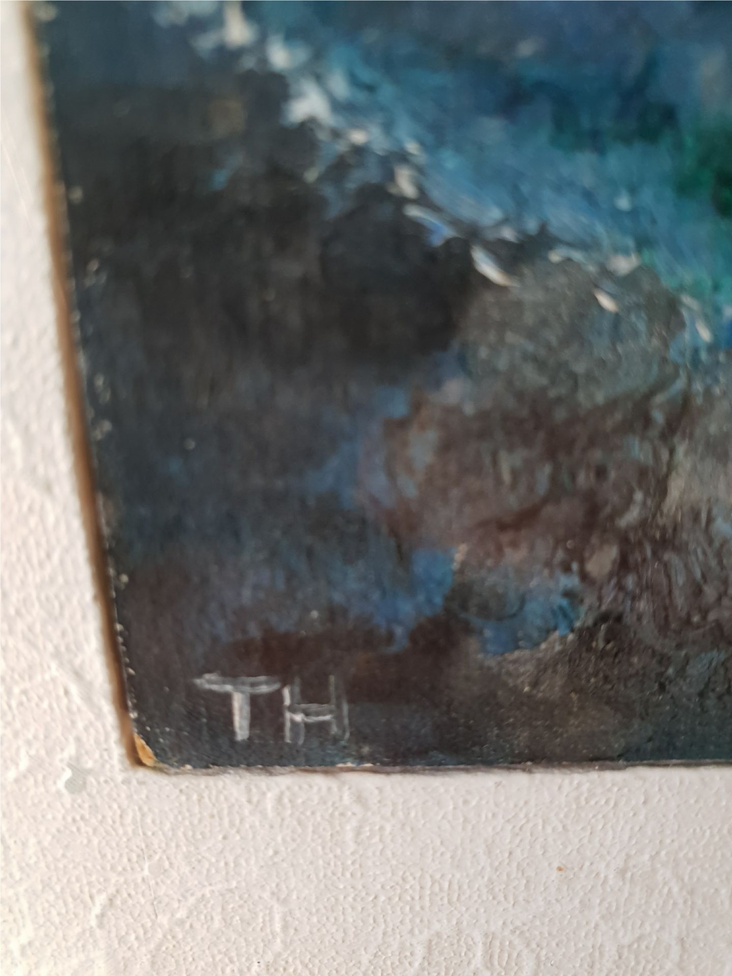 Original Art Framed Oil on Board Titled Blue Cave Artist Tom Hackney Monogram Lower Left - Image 2 of 2