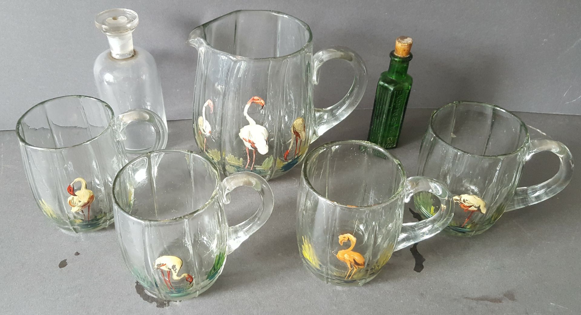 Antique Vintage Retro Hand Made & Hand Painted Jug & 4 Matching Glasses Plus 2 Collectable Bottles