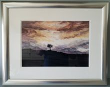 Original Art Framed Watercolour Titled Sunset Tree Artist Tom Hackney Signed Lower Right