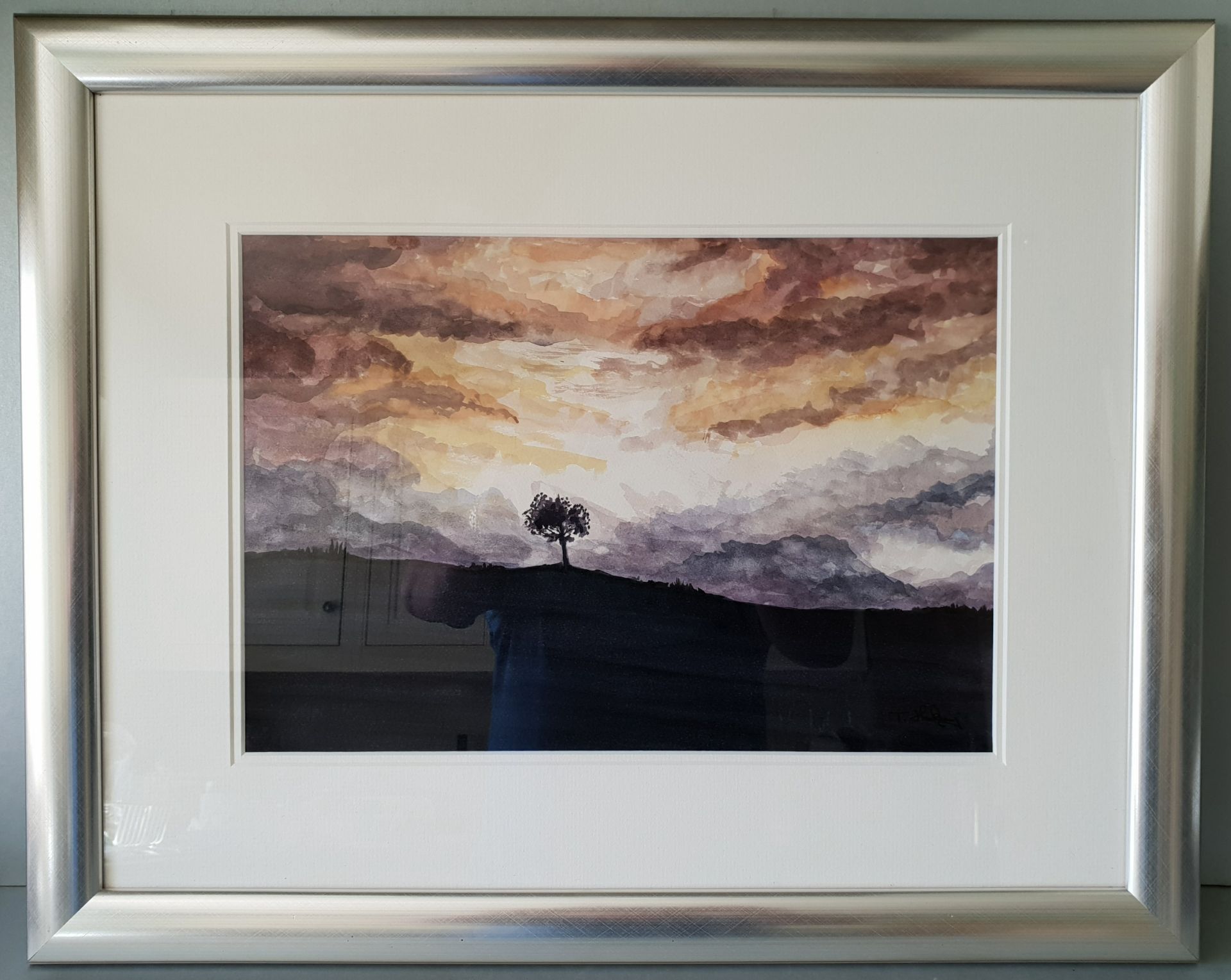 Original Art Framed Watercolour Titled Sunset Tree Artist Tom Hackney Signed Lower Right