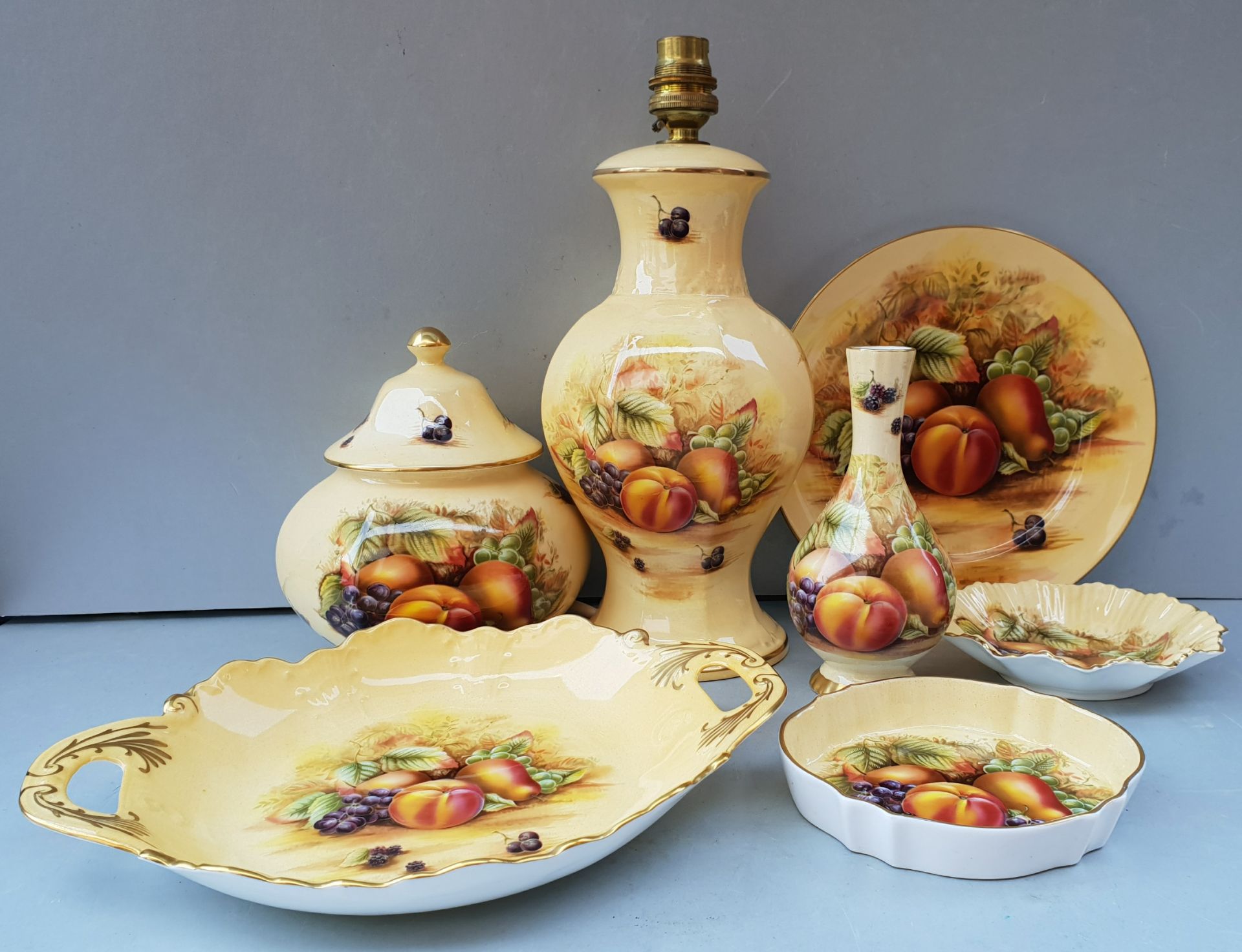 Vintage Retro Parcel of Aynsley Orchard Gold China & Pottery 7 Items Includes Lamp Base & Dishes