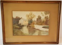 Antique Art Framed Watercolour Painting River & Mill Scene Signed Smith Lower Left