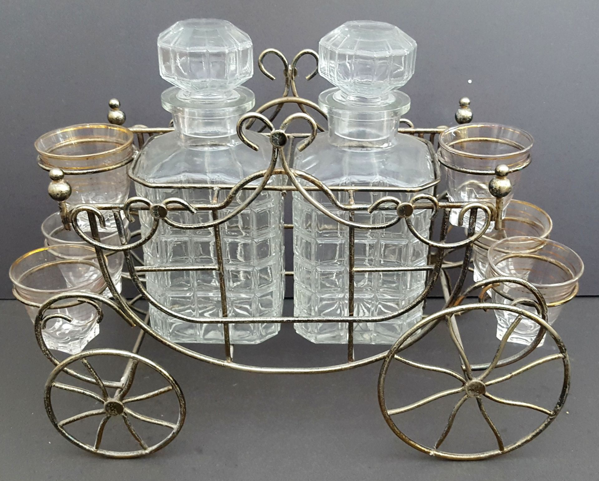 Vintage Kitsch Retro Plated Royal Carriage Decanter & Shot Glasses