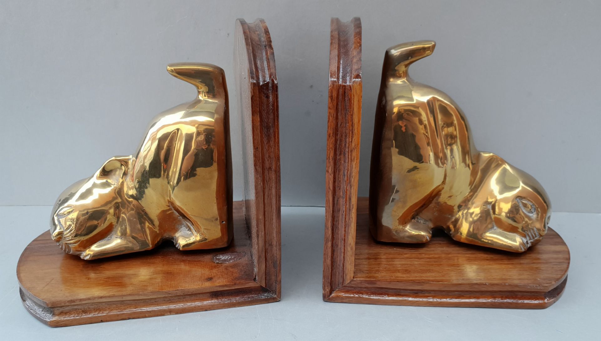 Vintage Retro Pair Brass & Wood Cat Book Ends