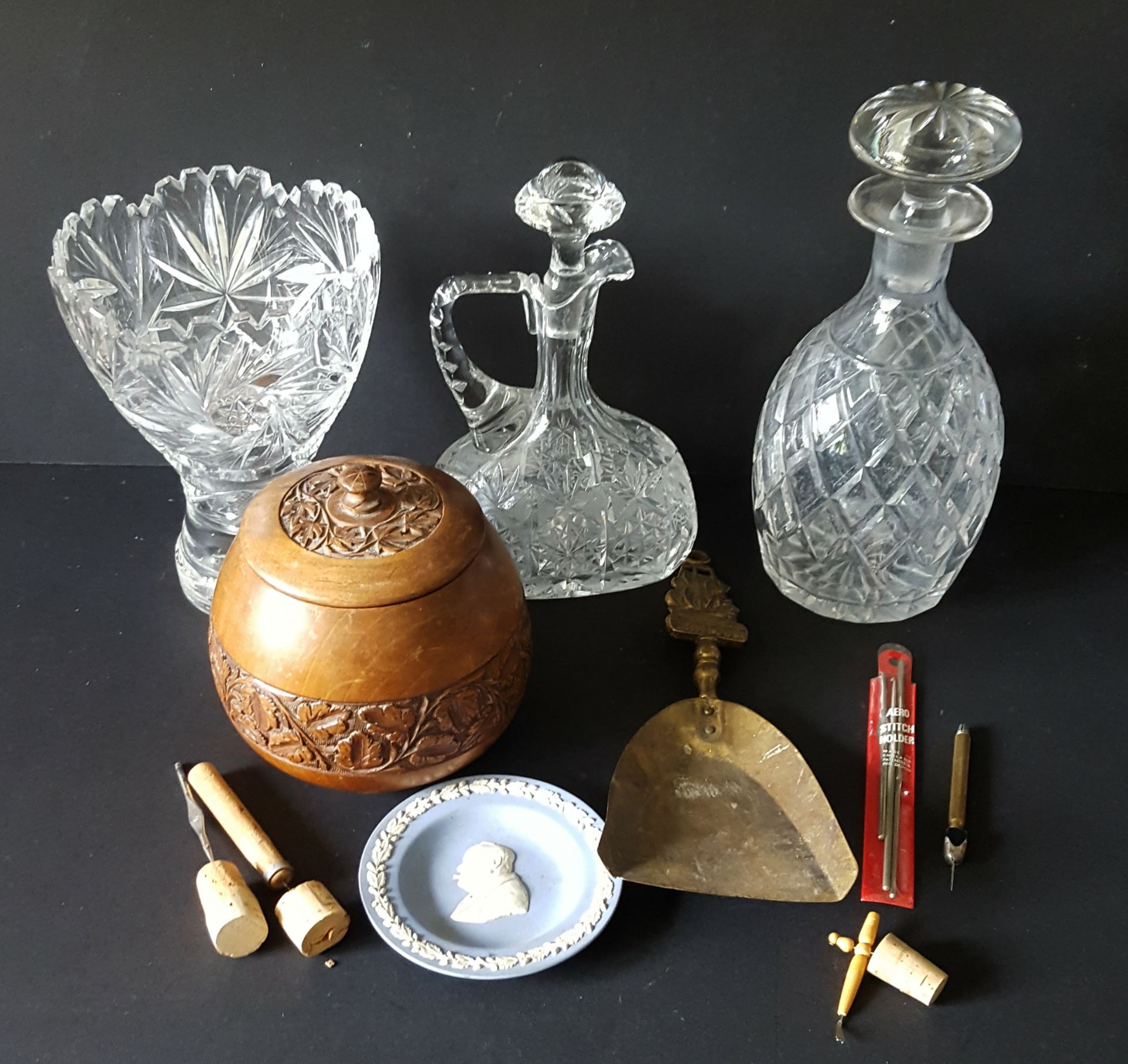 Vintage Retro Parcel of Decanters Wedgwood Brass Lace Work Tools & Treen - No Reserve