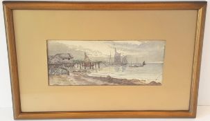 Antique Art Framed Watercolour Painting Dated 1921 Coastal Scene Monogram R Lower Right