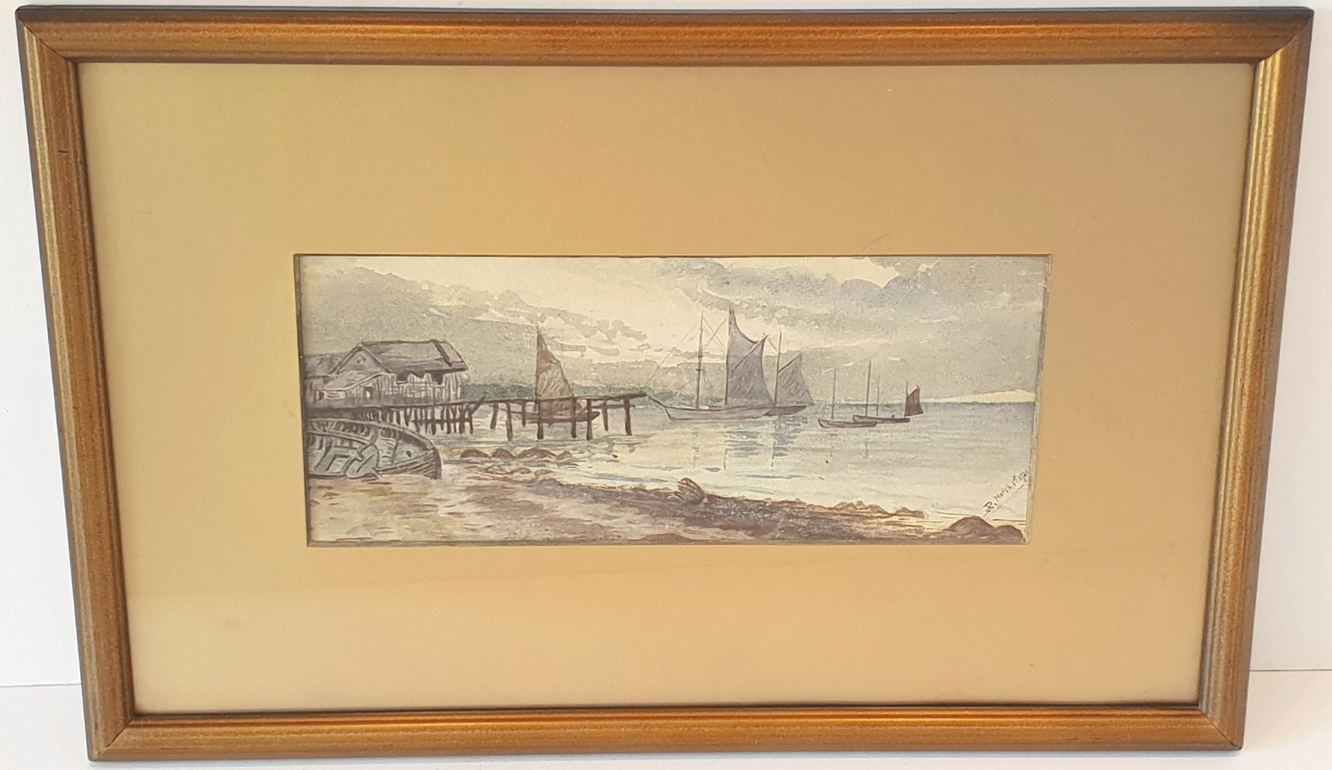 Antique Art Framed Watercolour Painting Dated 1921 Coastal Scene Monogram R Lower Right