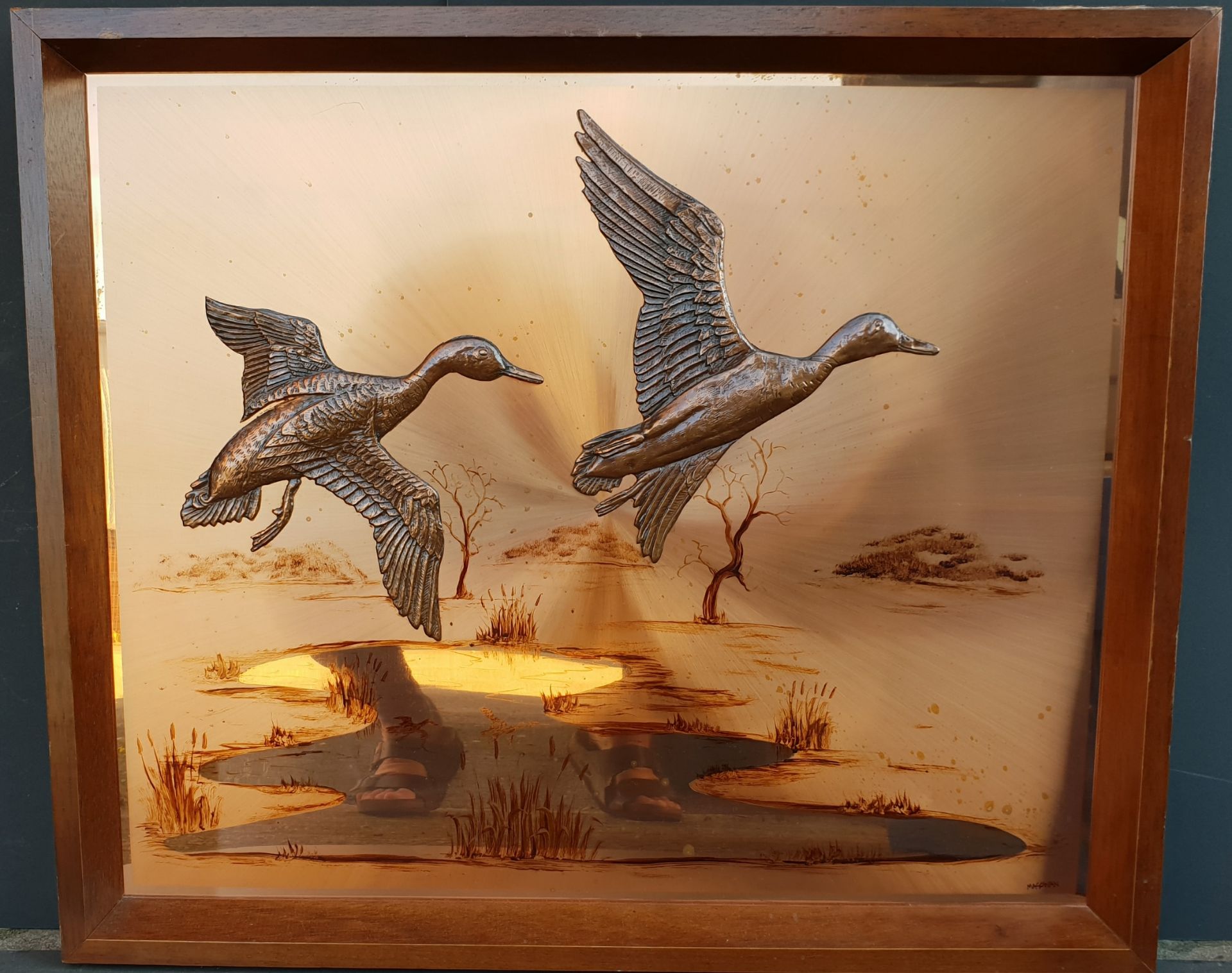 Vintage Retro Framed Magowan Original Copper Picture of Flying Ducks c1970's