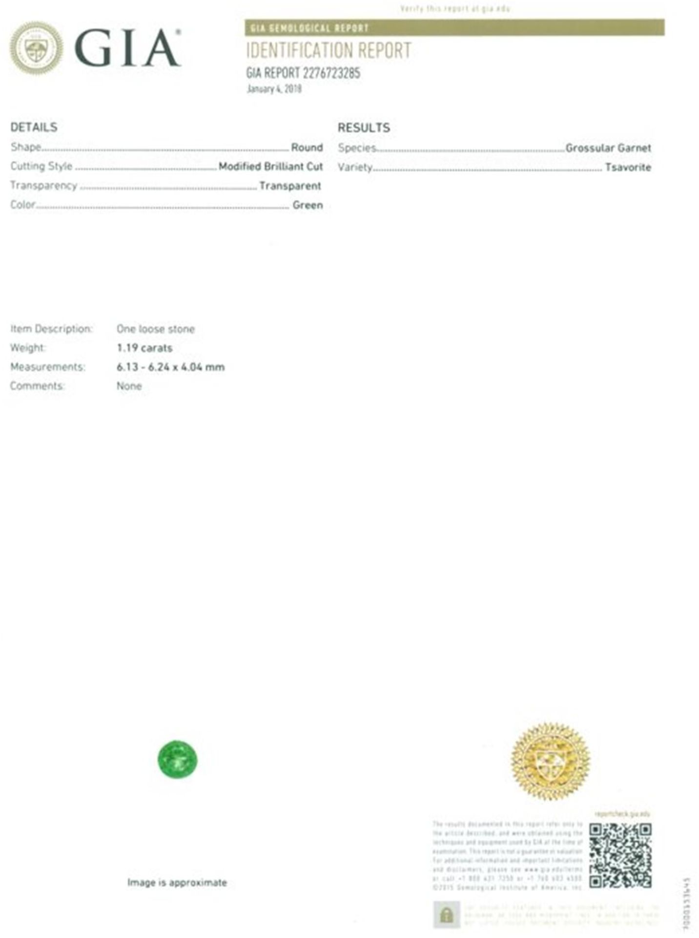 GIA Certified 1.19 ct. Tsavorite (Grossularite-Garnet) - Image 2 of 4
