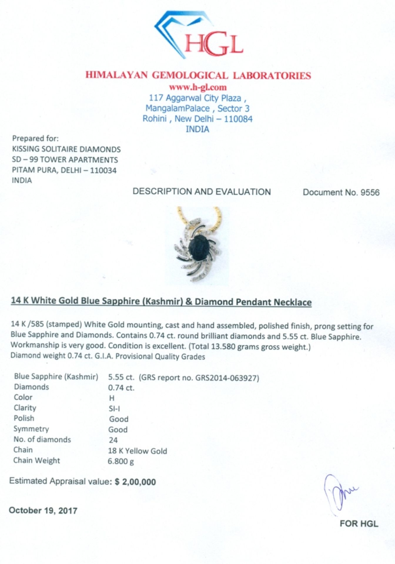 14 K / 585 White Gold Kashmir Sapphire (GRS Certified) & Diamond Pendant - Image 9 of 10