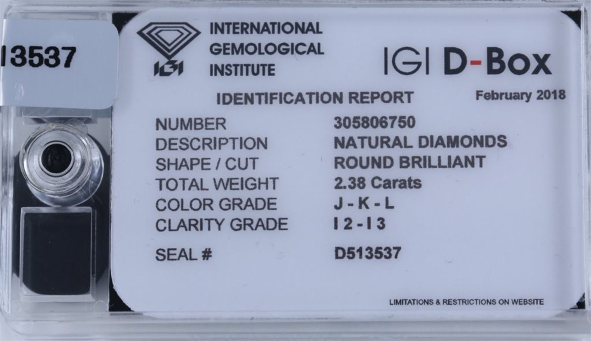 IGI Sealed 2.38 ct. "Diamond D-Box" - Round Brilliant Natural Diamonds - Image 2 of 3