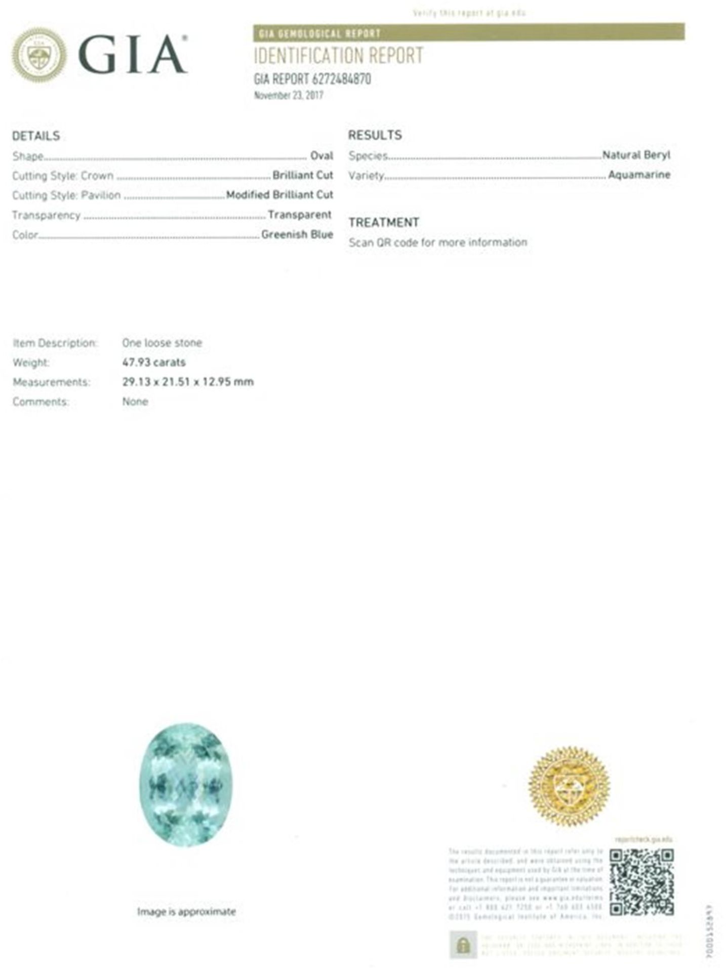 GIA Certified 47.93 ct. Greenish Blue Aquamarine - Image 2 of 4
