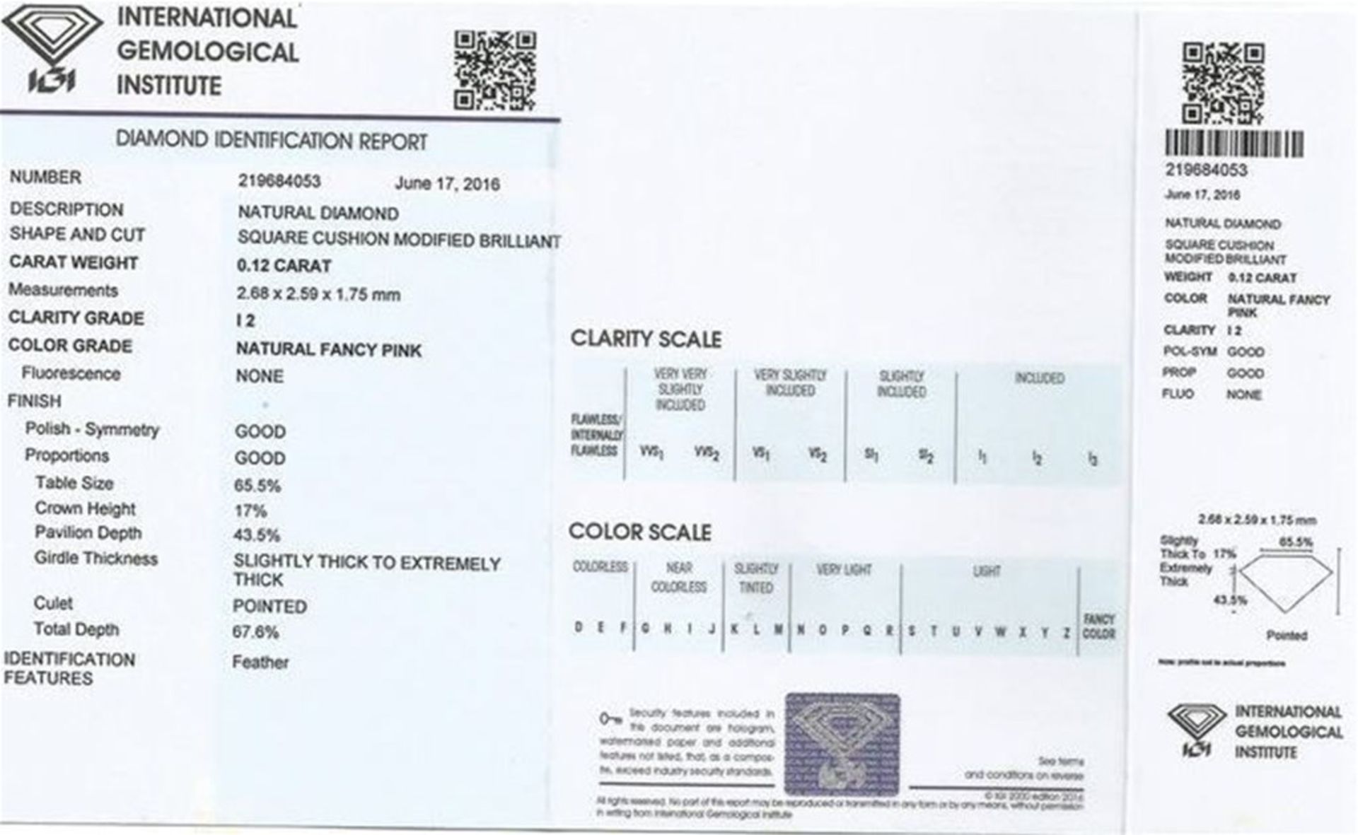 IGI Certified 0.12 ct. Fancy Pink Diamond - I2 - Image 2 of 4