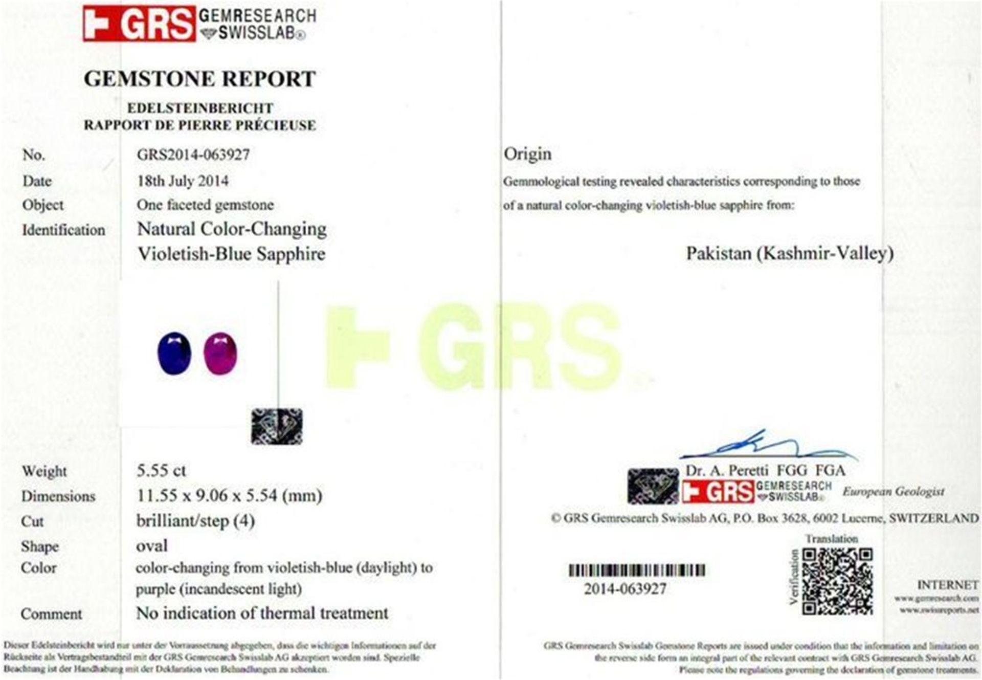 14 K / 585 White Gold Kashmir Sapphire (GRS Certified) & Diamond Pendant - Image 2 of 10