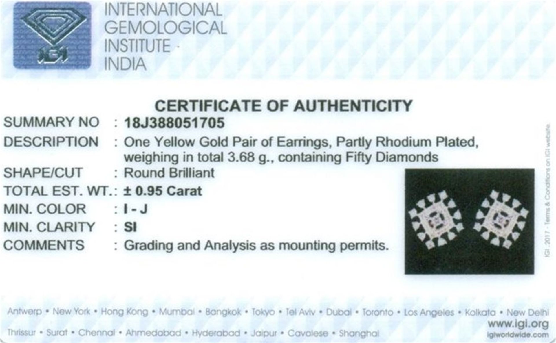 IGI Certified 18 K Yellow Gold Diamond Earrings - Image 2 of 7