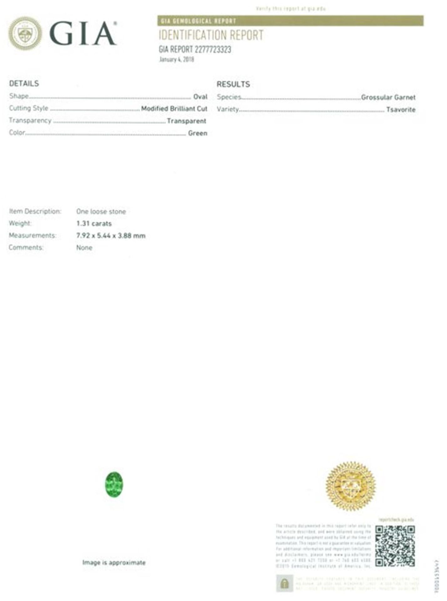 GIA Certified 1.31 ct. Tsavorite (Grossularite - Garnet) - Image 2 of 6