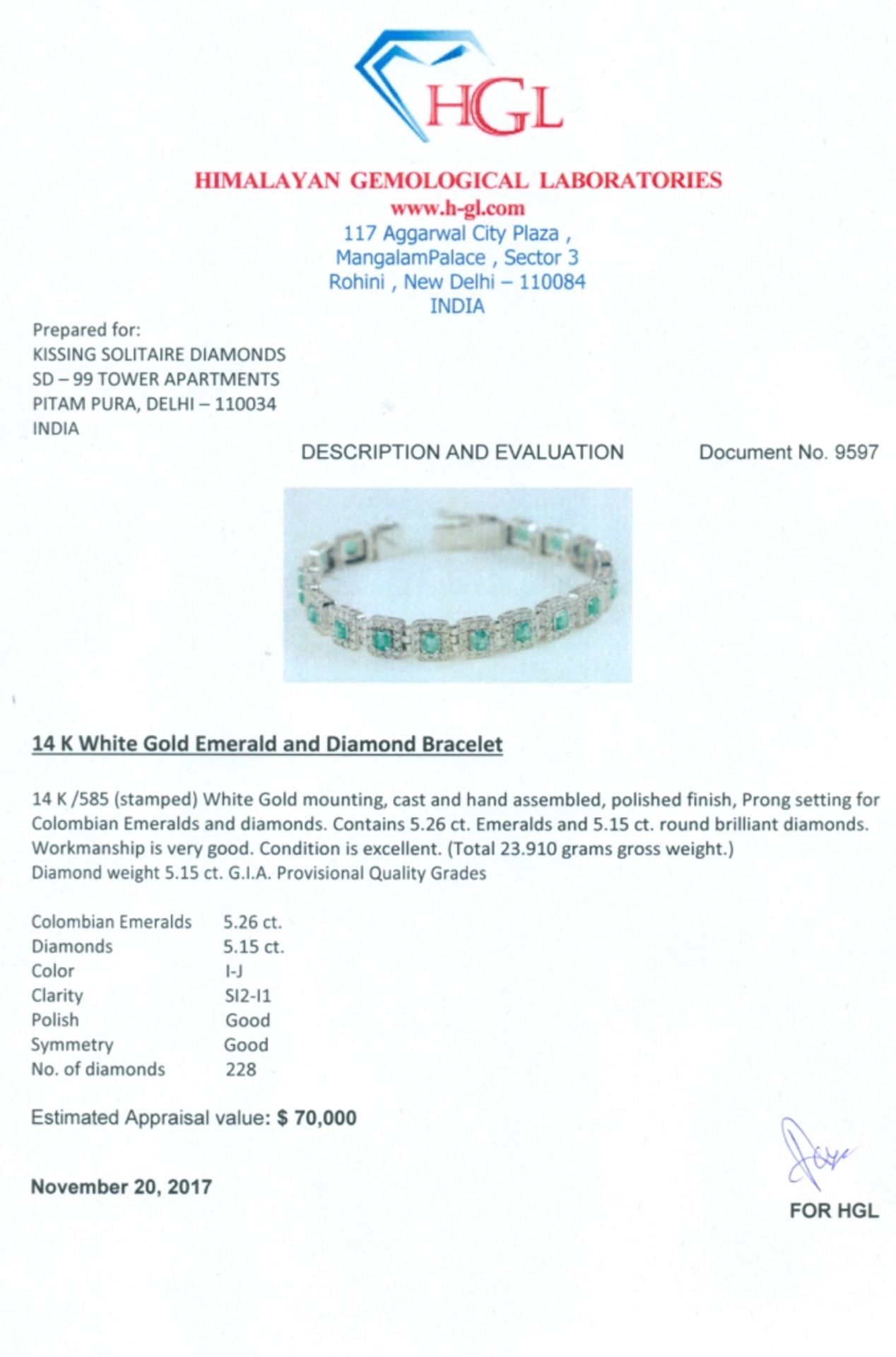 IGI Certified 14 K / 585 White Gold Colombian Emerald and Diamond Bracelet - Image 9 of 10