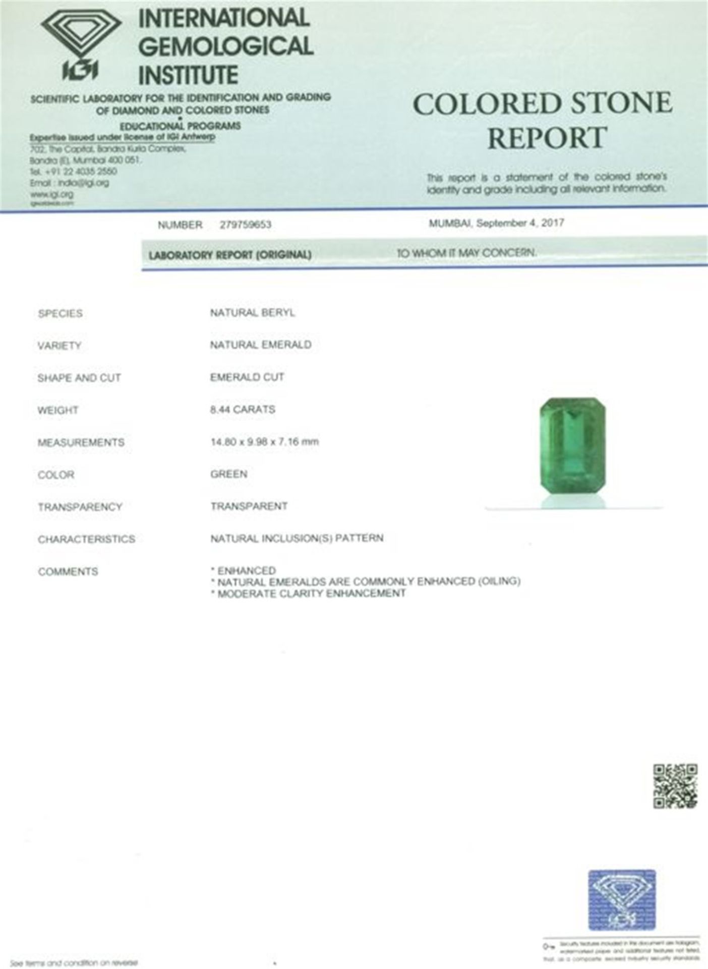 IGI Certified 8.44 ct. Emerald - Image 2 of 4