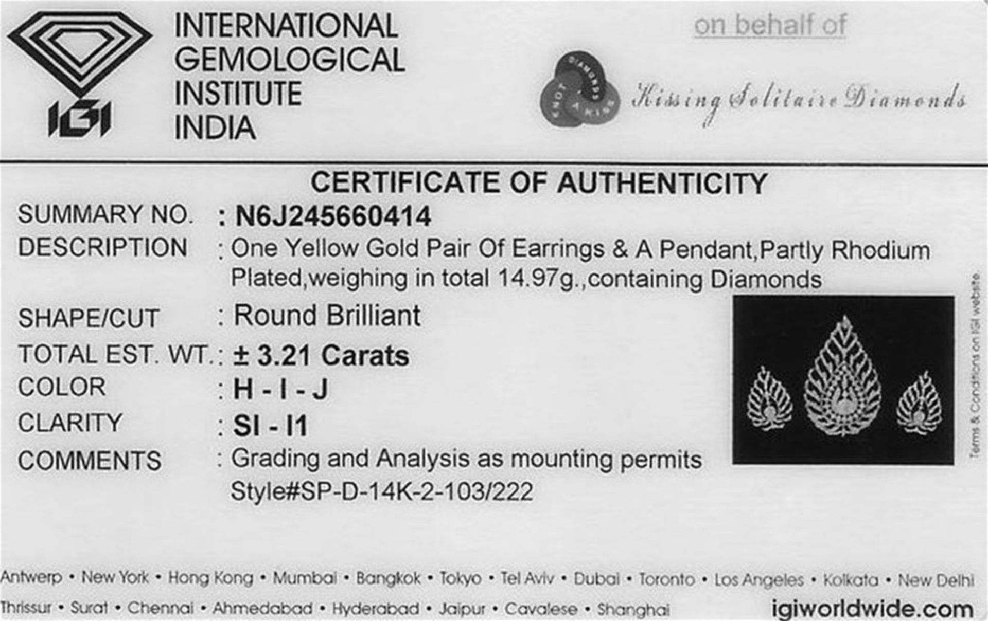 IGI Certified 14K Yellow Gold, Diamond Pendant with matching Chandelier Earrings - Image 2 of 8