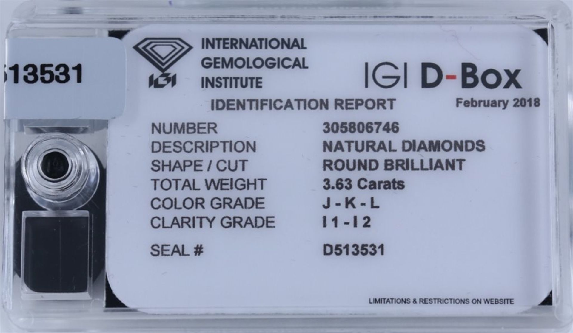 IGI Sealed 3.63 ct. "Diamond D-Box" - Round Brilliant Natural Diamonds - Image 2 of 4