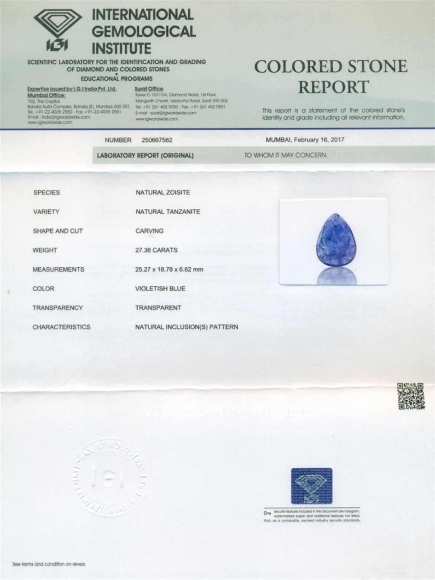 IGI Certified 27.36 ct. Tanzanite Pear Carving - Image 2 of 5