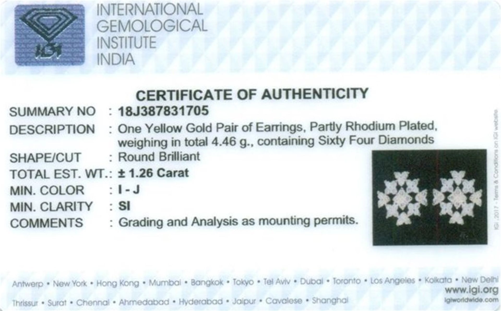 IGI Certified 18 K / 750 Yellow Gold Diamond Earrings - Image 2 of 7