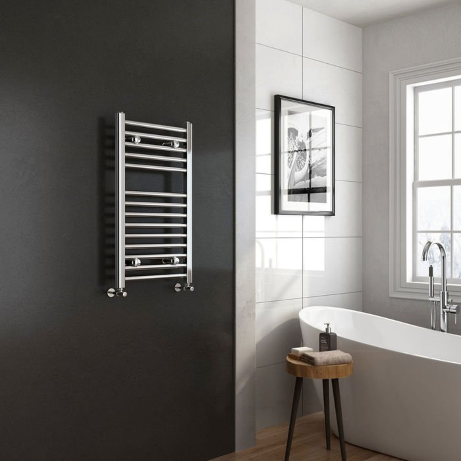 (K68) 800x450mm - 25mm Tubes - Chrome Heated Straight Rail Ladder Towel Radiators. This premium - Image 2 of 2